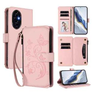 For Honor 200 Pro 5G Global Butterfly Love Flower Multi-card Zipper Wallet Leather Phone Case(Pink)