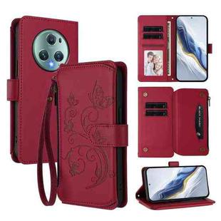 For Honor Magic5 Pro Butterfly Love Flower Multi-card Zipper Wallet Leather Phone Case(Wine Red)