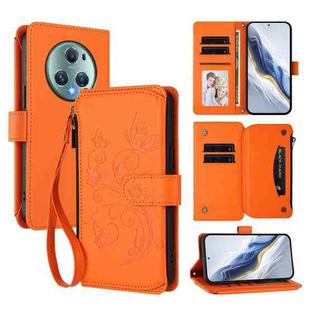 For Honor Magic5 Pro Butterfly Love Flower Multi-card Zipper Wallet Leather Phone Case(Orange)