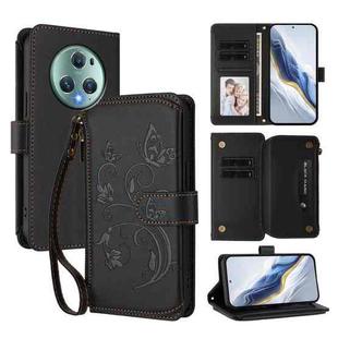 For Honor Magic5 Pro Butterfly Love Flower Multi-card Zipper Wallet Leather Phone Case(Black)