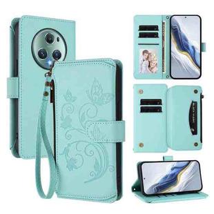 For Honor Magic5 Pro Butterfly Love Flower Multi-card Zipper Wallet Leather Phone Case(Mint Green)