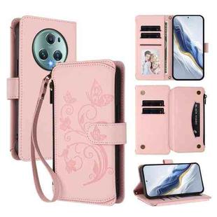 For Honor Magic5 Pro Butterfly Love Flower Multi-card Zipper Wallet Leather Phone Case(Pink)