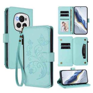 For Honor Magic6 Pro 5G Butterfly Love Flower Multi-card Zipper Wallet Leather Phone Case(Mint Green)