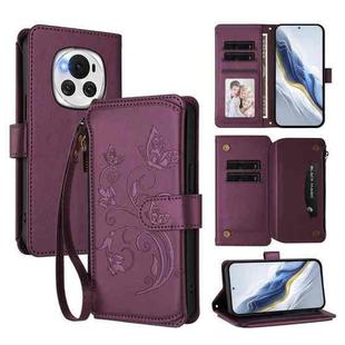 For Honor Magic6 5G Butterfly Love Flower Multi-card Zipper Wallet Leather Phone Case(Dark Purple)