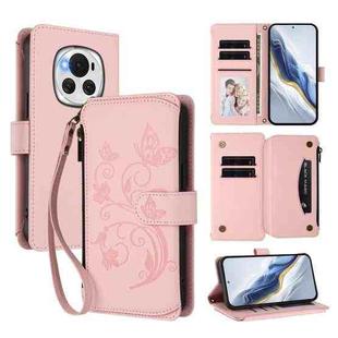 For Honor Magic6 5G Butterfly Love Flower Multi-card Zipper Wallet Leather Phone Case(Pink)