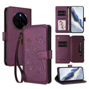 For Honor Magic7 5G Butterfly Love Flower Multi-card Zipper Wallet Leather Phone Case(Dark Purple)