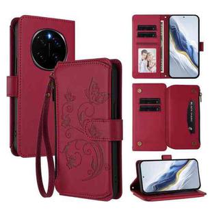 For Honor Magic7 5G Butterfly Love Flower Multi-card Zipper Wallet Leather Phone Case(Wine Red)