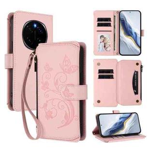 For Honor Magic7 5G Butterfly Love Flower Multi-card Zipper Wallet Leather Phone Case(Pink)