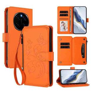 For Honor Magic7 Pro 5G Butterfly Love Flower Multi-card Zipper Wallet Leather Phone Case(Orange)