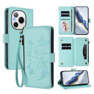 For Honor Power 5G Butterfly Love Flower Multi-card Zipper Wallet Leather Phone Case(Mint Green)