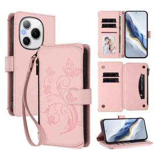 For Honor Power 5G Butterfly Love Flower Multi-card Zipper Wallet Leather Phone Case(Pink)