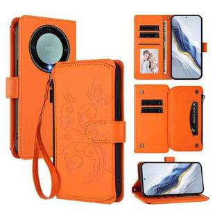 For Honor X9a 5G / Magic5 Lite / X40 Butterfly Love Flower Multi-card Zipper Wallet Leather Phone Case(Orange)