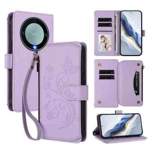 For Honor X9a 5G / Magic5 Lite / X40 Butterfly Love Flower Multi-card Zipper Wallet Leather Phone Case(Light Purple)