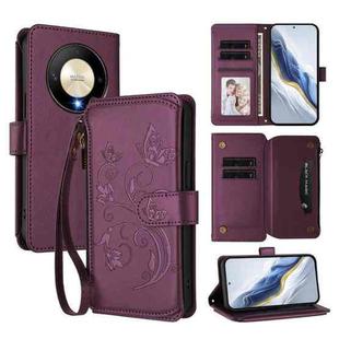 For Honor X9b 5G / Magic6 Lite Butterfly Love Flower Multi-card Zipper Wallet Leather Phone Case(Dark Purple)