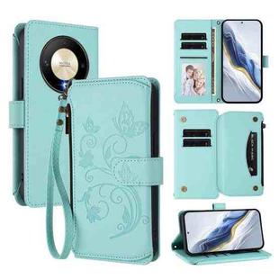 For Honor X9b 5G / Magic6 Lite Butterfly Love Flower Multi-card Zipper Wallet Leather Phone Case(Mint Green)