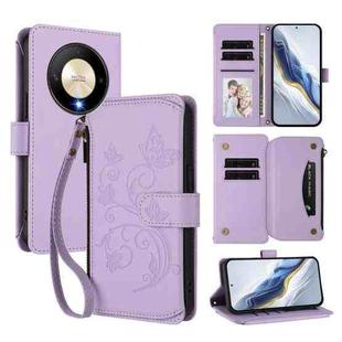 For Honor X9b 5G / Magic6 Lite Butterfly Love Flower Multi-card Zipper Wallet Leather Phone Case(Light Purple)