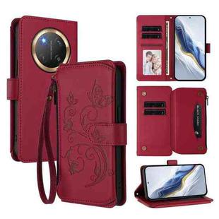For Honor X9c 5G / Magic7 Lite Butterfly Love Flower Multi-card Zipper Wallet Leather Phone Case(Wine Red)