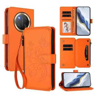 For Honor X9c 5G / Magic7 Lite Butterfly Love Flower Multi-card Zipper Wallet Leather Phone Case(Orange)