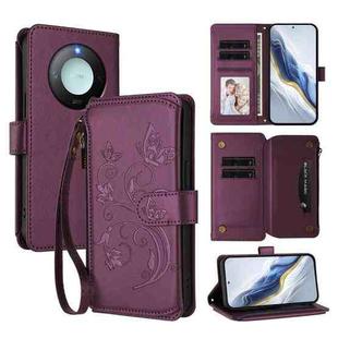 For Honor X9c Smart 5G / X60 Butterfly Love Flower Multi-card Zipper Wallet Leather Phone Case(Dark Purple)