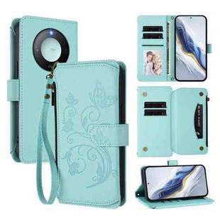 For Honor X9c Smart 5G / X60 Butterfly Love Flower Multi-card Zipper Wallet Leather Phone Case(Mint Green)