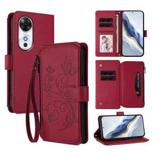 For Honor Play 60 5G Butterfly Love Flower Multi-card Zipper Wallet Leather Phone Case(Wine Red)