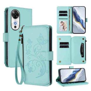 For Honor Play 60 5G Butterfly Love Flower Multi-card Zipper Wallet Leather Phone Case(Mint Green)