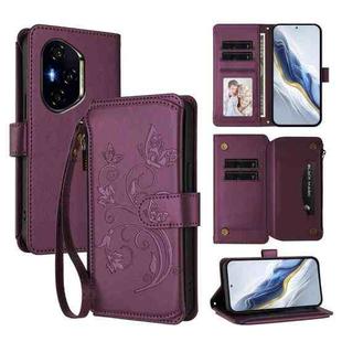 For Honor 300 Pro / 300 Ultra Butterfly Love Flower Multi-card Zipper Wallet Leather Phone Case(Dark Purple)