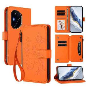 For Honor 300 Pro / 300 Ultra Butterfly Love Flower Multi-card Zipper Wallet Leather Phone Case(Orange)