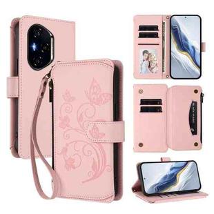 For Honor 300 Pro / 300 Ultra Butterfly Love Flower Multi-card Zipper Wallet Leather Phone Case(Pink)