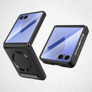 For Samsung Galaxy Z Flip7 5G Integrated Invisible Bracket CD Texture Magnetic Litchi Skin Pasting Phone Case(Wheat Black)