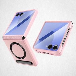 For Samsung Galaxy Z Flip7 5G Integrated Invisible Bracket CD Texture Magnetic Litchi Skin Pasting Phone Case(Pink)