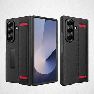 For Samsung Galaxy Z Fold7 5G Integrated Invisible Bracket Litchi Skin Pasting Phone Case with Hand Strap(Black Red)