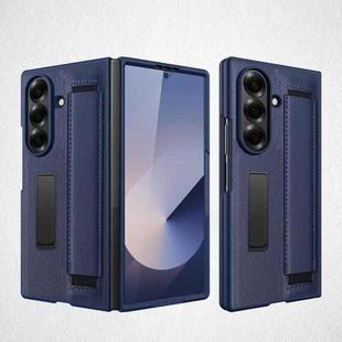For Samsung Galaxy Z Fold7 5G Integrated Invisible Bracket Litchi Skin Pasting Phone Case with Hand Strap(Blue)