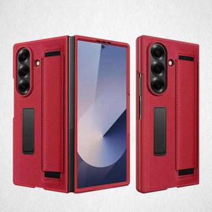 For Samsung Galaxy Z Fold7 5G Integrated Invisible Bracket Litchi Skin Pasting Phone Case with Hand Strap(Red)