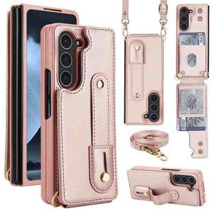 For Samsung Galaxy Z Fold5 5G Wristband Vertical Flip Wallet Back Cover Phone Case with Long Lanyard(Rose Gold)