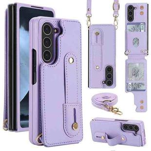 For Samsung Galaxy Z Fold5 5G Wristband Vertical Flip Wallet Back Cover Phone Case with Long Lanyard(Purple)