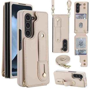 For Samsung Galaxy Z Fold5 5G Wristband Vertical Flip Wallet Back Cover Phone Case with Long Lanyard(White)