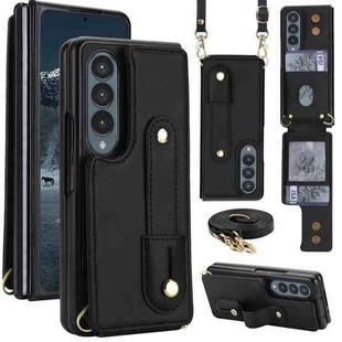 For Samsung Galaxy Z Fold4 5G Wristband Vertical Flip Wallet Back Cover Phone Case with Long Lanyard(Black)