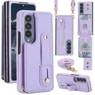 For Samsung Galaxy Z Fold4 5G Wristband Vertical Flip Wallet Back Cover Phone Case with Long Lanyard(Purple)