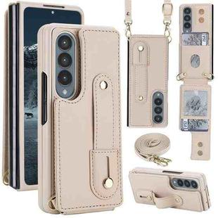 For Samsung Galaxy Z Fold4 5G Wristband Vertical Flip Wallet Back Cover Phone Case with Long Lanyard(White)