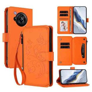 For Sharp Aquos R7 / P7 / SH-52C /A202SH Butterfly Love Flower Multi-card Zipper Wallet Leather Phone Case(Orange)