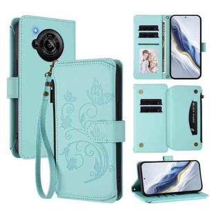 For Sharp Aquos R7 / P7 / SH-52C /A202SH Butterfly Love Flower Multi-card Zipper Wallet Leather Phone Case(Mint Green)
