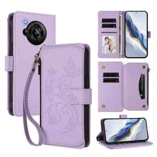 For Sharp Aquos R7 / P7 / SH-52C /A202SH Butterfly Love Flower Multi-card Zipper Wallet Leather Phone Case(Light Purple)