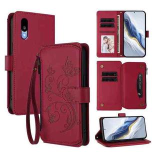 For Sharp Basio Active3 Butterfly Love Flower Multi-card Zipper Wallet Leather Phone Case(Wine Red)
