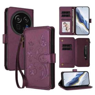For Sharp Aquos R9 Pro SH-54E Butterfly Love Flower Multi-card Zipper Wallet Leather Phone Case(Dark Purple)