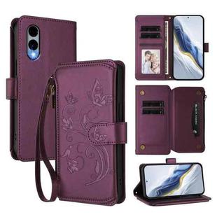 For Fujitsu Arrows We2 F-52E Butterfly Love Flower Multi-card Zipper Wallet Leather Phone Case(Dark Purple)