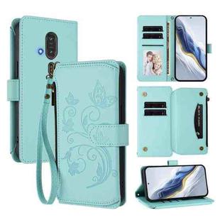 For Fujitsu RakuRaku F-53E Butterfly Love Flower Multi-card Zipper Wallet Leather Phone Case(Mint Green)