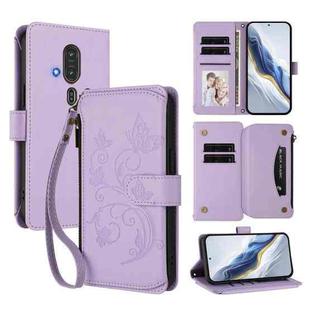 For Fujitsu RakuRaku F-53E Butterfly Love Flower Multi-card Zipper Wallet Leather Phone Case(Light Purple)
