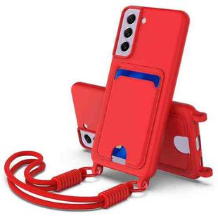 For Samsung Galaxy S21 FE 5G Integrated Card Bag Solid Color Liquid Silicone Phone Case Gen2 with Short Lanyard(Red)