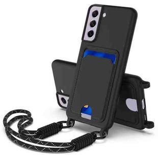 For Samsung Galaxy S21 FE 5G Integrated Card Bag Solid Color Liquid Silicone Phone Case Gen2 with Short Lanyard(Black)